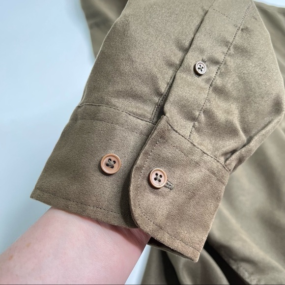 Maxini Collezione Brown Green 100% Ultra Suede Pocket Long Sleeve Dress Shirt - Picture 7 of 14